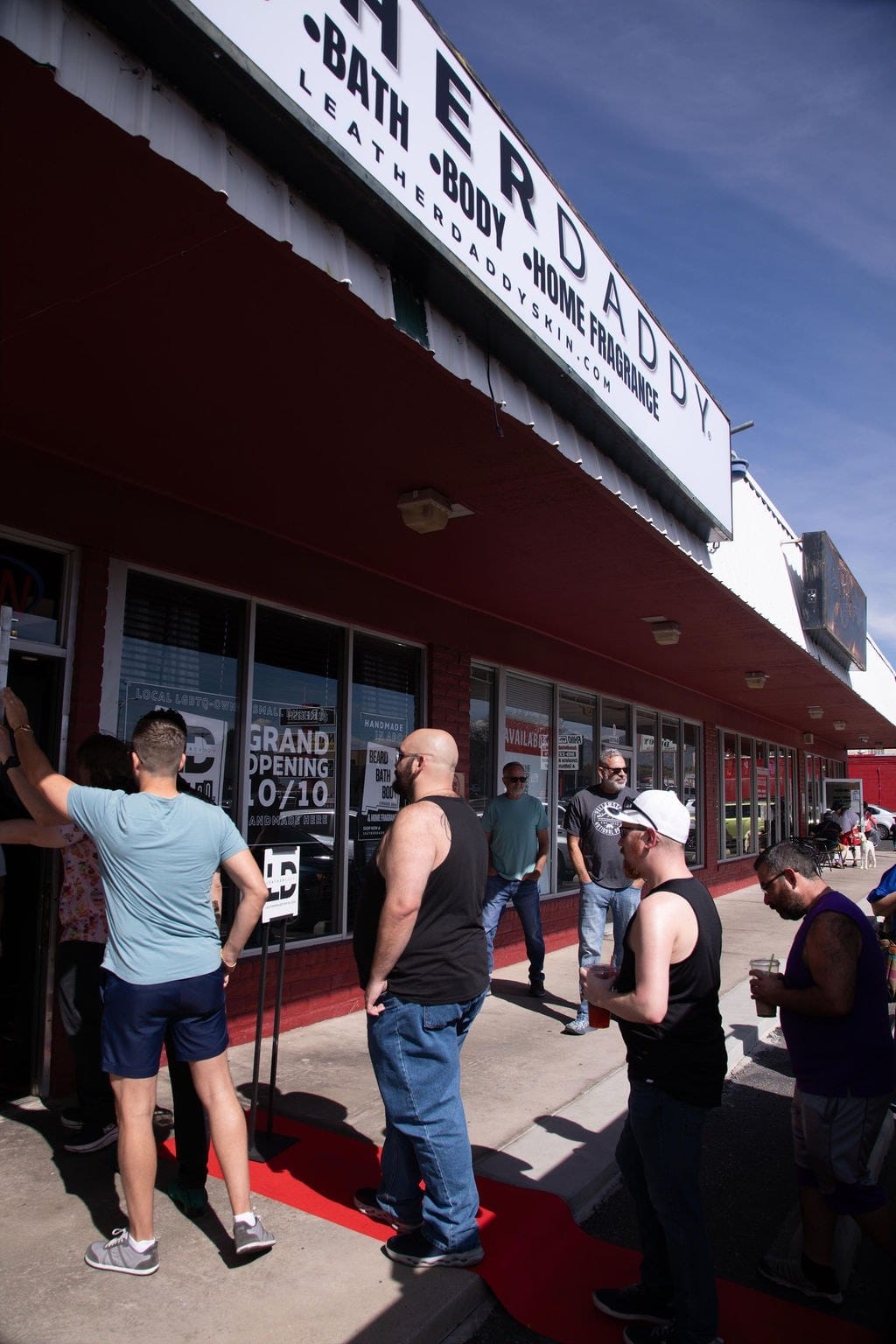 Customers outside the LeatherDaddy storefront on opening day.